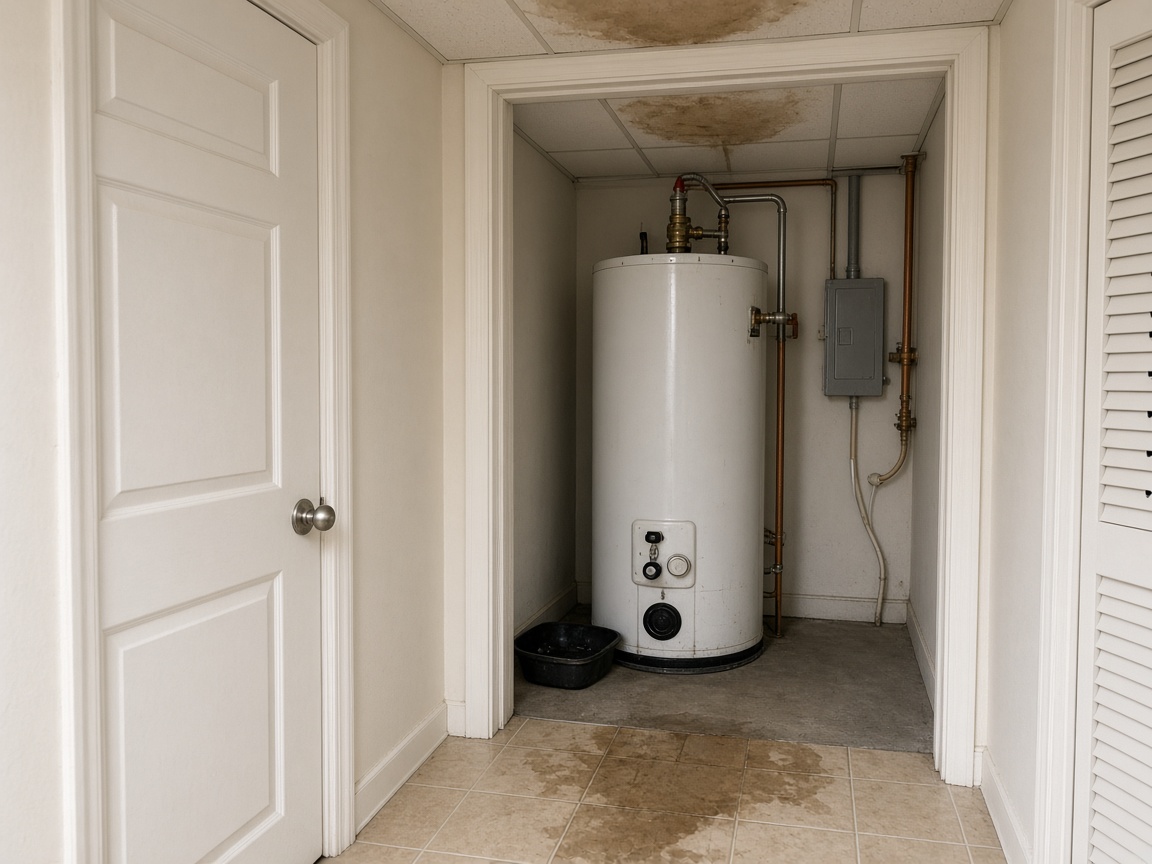Utility closet where a leaking water heater meets the hallway