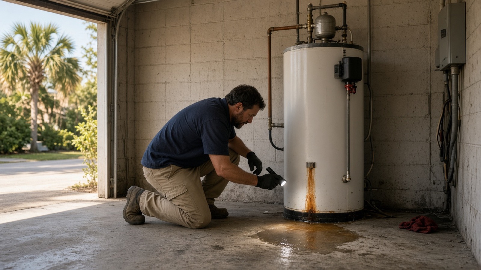 Technician inspecting a leaking water heater on a Vero Beach garage slab
