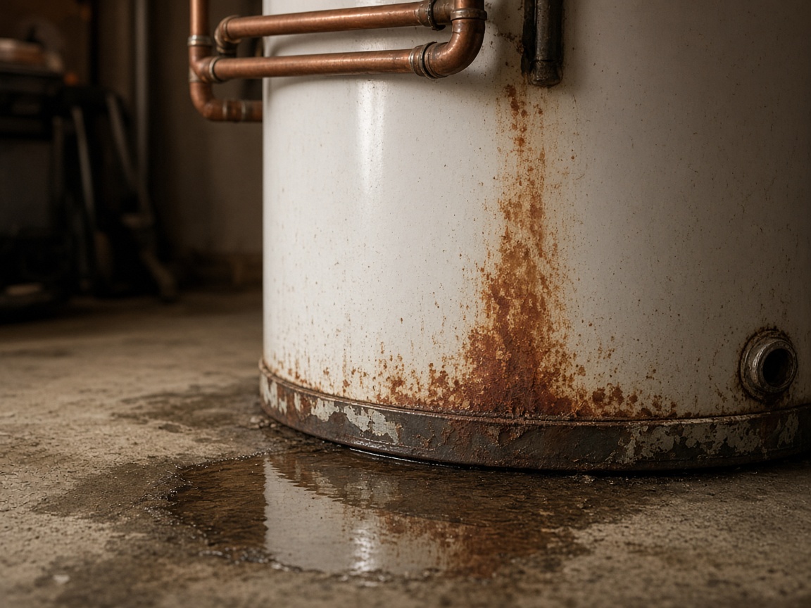 Rust-stained water at the base of a water heater