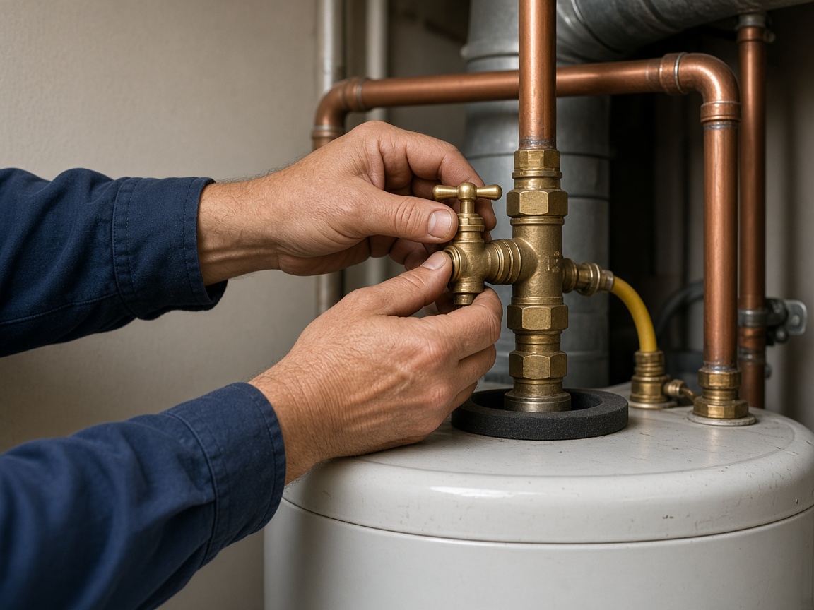 Hand on a water heater shutoff valve
